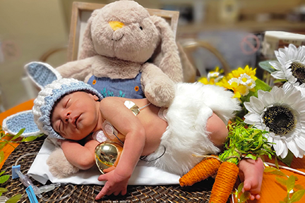 NICU baby wearing bunny ears